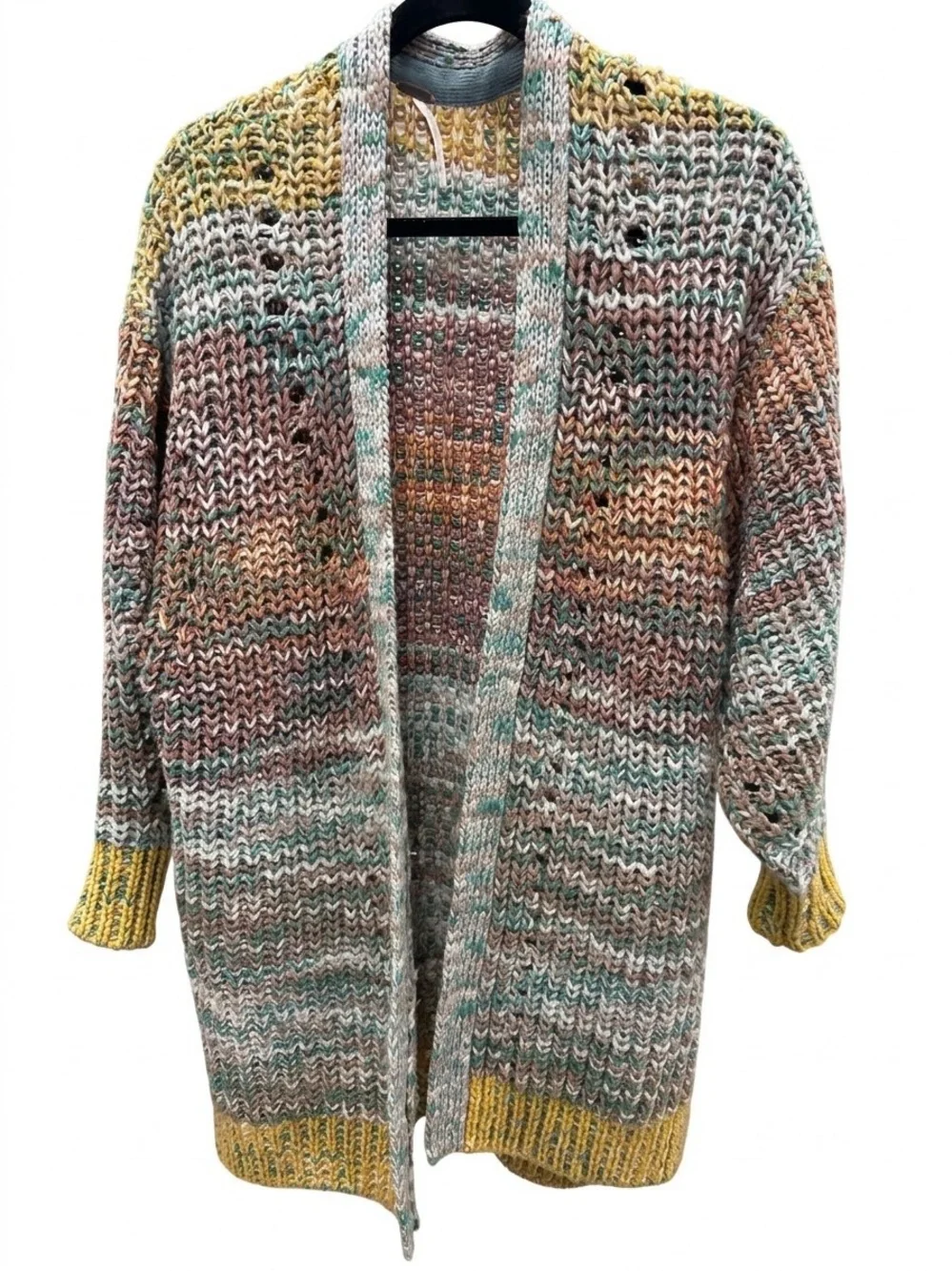 Free People Multicolor Open-Front Knit Cardigan with Mustard Trim